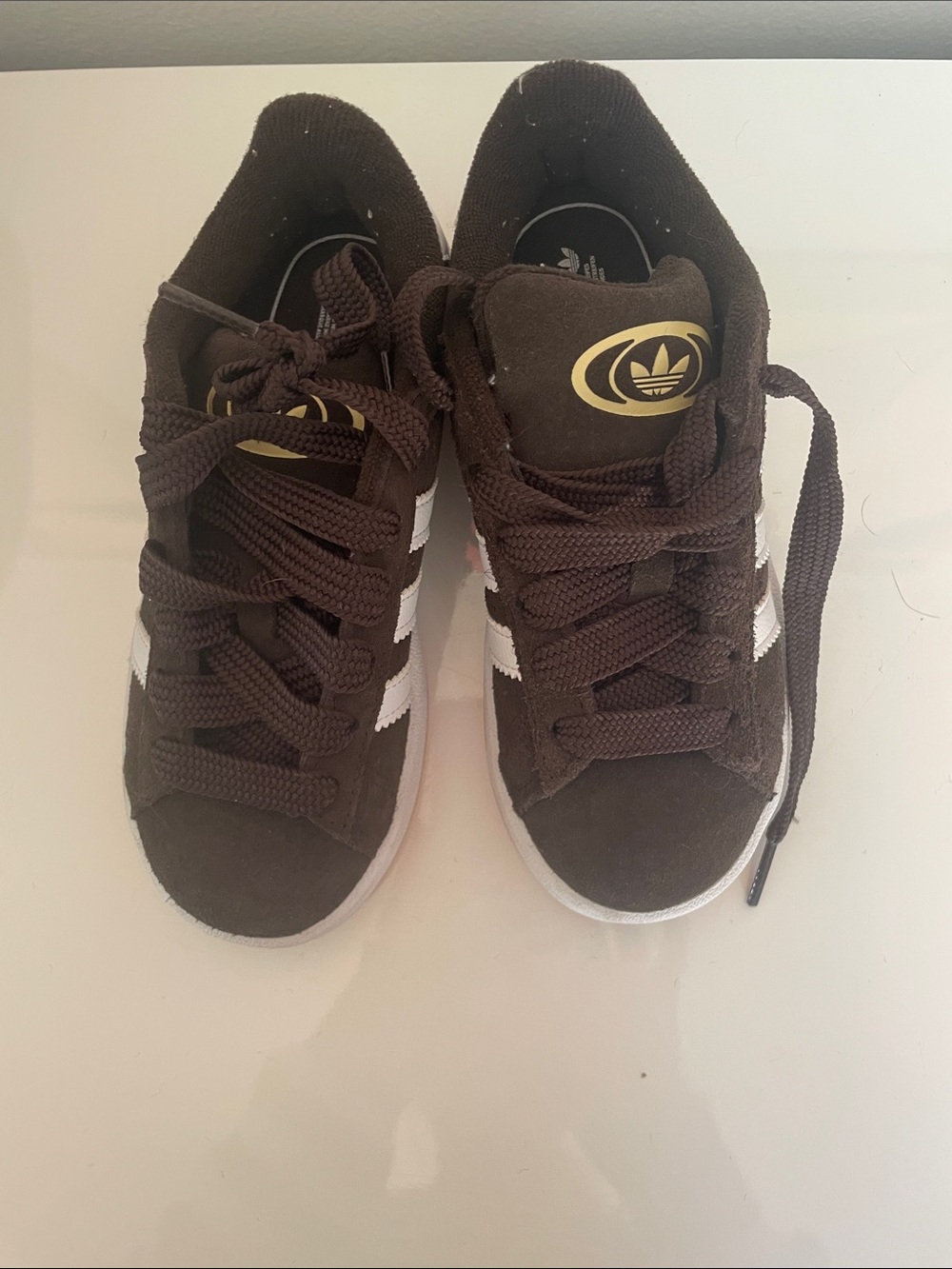 adidas Brown Suede Sneakers with White Stripes and Gold Logo